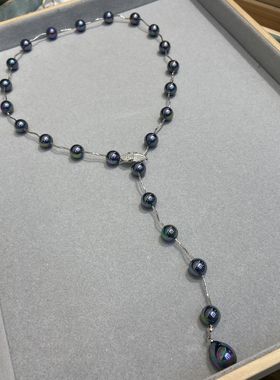 施家幻彩黑珍珠正圆Y型项链叶子