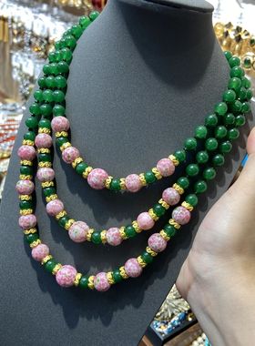 蛙皮老琉璃拼绿玉串珠三层叠戴项