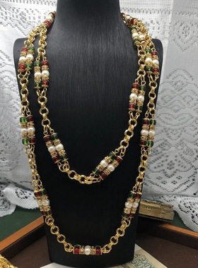 经典长款毛衣链红绿色琉璃珠宝石