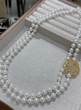 珍珠款镶钻镂空玫瑰花项链精致锁