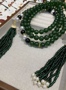 新中式碧绿圆珠流苏项链感珍珠琉