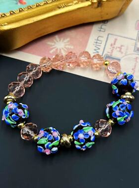 琉璃圆珠链琉璃花朵印花中古项链
