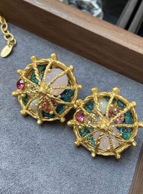 中古风彩色宝石镂空罗盘项链耳钉