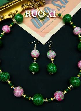 青岛vintage粉绿蛙皮圆形点翠琉