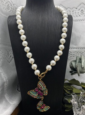 文艺复古风镶彩色钻蝴蝶流苏项链