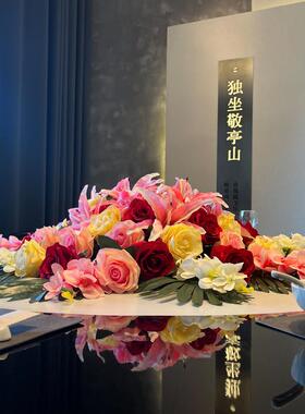 树颜仿真玫瑰餐桌花艺装饰台花餐厅圆桌转盘摆件红色款仿真花桌面