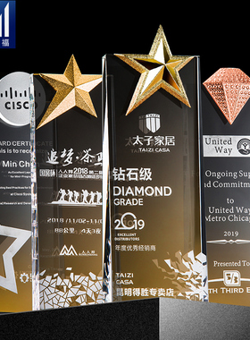 水晶奖杯定制奖牌定做创意五角星玻璃授权牌公司优秀员工荣誉颁奖