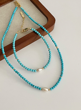 简约串珠绿松石淡水珍珠项链