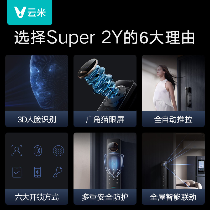 云米智能门锁Super2Y高清猫眼3D人脸识别防盗电子门指纹密码锁