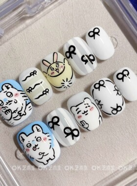 小八乌萨奇莫莫咖丨现货丨OK艺术生小飞鼠裸白色手绘可爱穿戴美甲