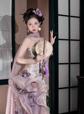 新中式新娘头饰紫色仿真花朵耳环