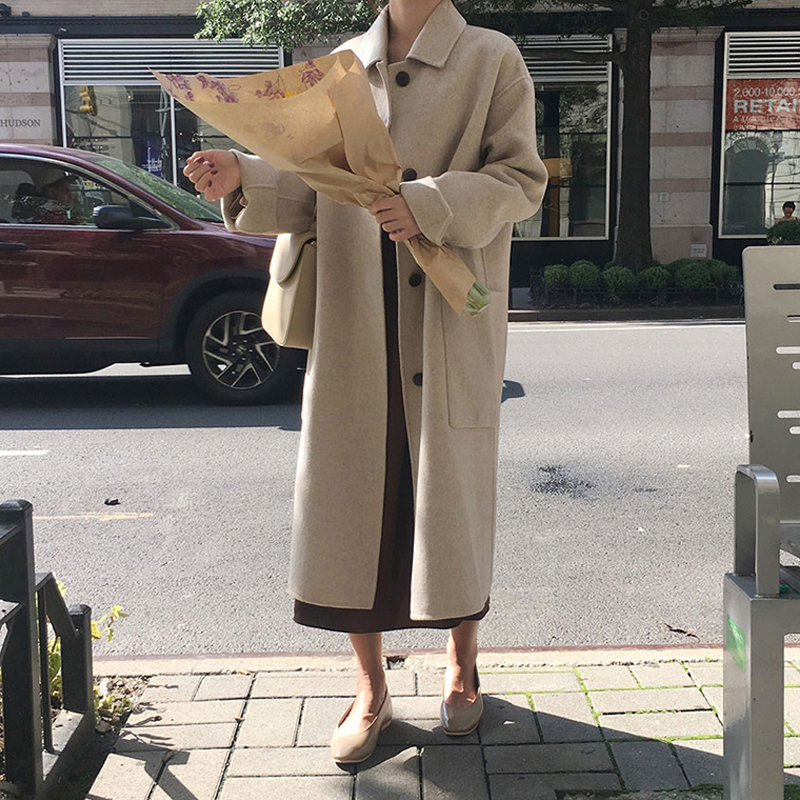 FAYEYE在线商店 燕麦色中长款毛呢外套女冬季加厚呢子大衣赫本风