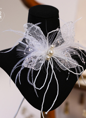 可爱新娘超仙蕾丝羽毛创意项链