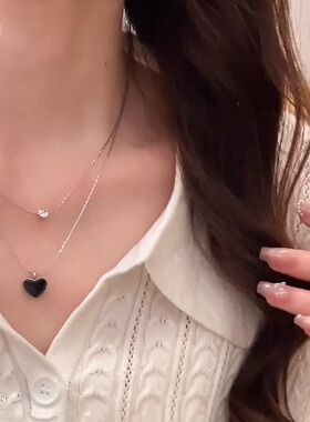 双层叠戴黑色爱心吊坠项链女个性