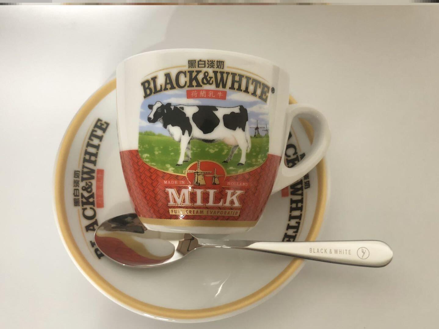 黑白淡奶陶瓷港式茶餐厅奶茶杯家用加碟子咖啡厅餐饮咖啡杯220ml