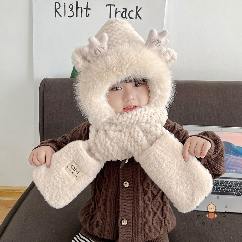 儿童冬天M鹿角毛茸茸保暖护耳三件套男女宝宝加厚围巾手套一体帽 - 图0