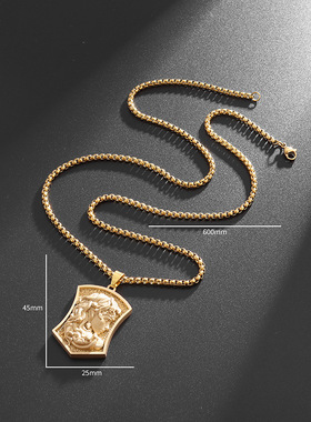跨境电商欧洲古希腊神话美杜莎美女复古钛钢金色盾牌吊坠项链