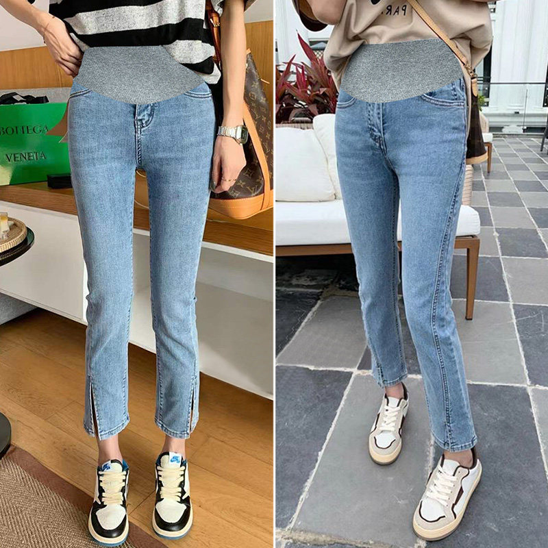 春秋时尚款开叉孕妇蓝色孕妇裤子 夏娜莎孕妇直筒裤