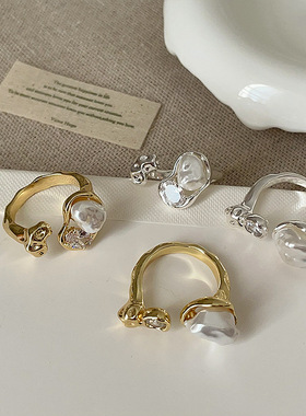 轻奢夸张巴洛克珍珠锆石戒指女设计感个性独特精致潮流指环戒子