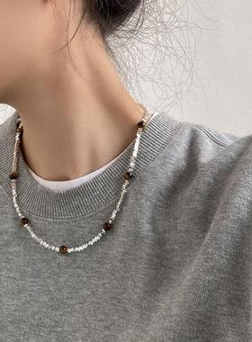 小串珠众设计感碎银子虎眼石项链复古优雅气质百搭颈链锁骨链