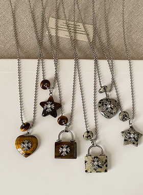 天然石锁头爱心吊坠钛钢项链女简约潮流时尚气质百搭颈链锁骨链