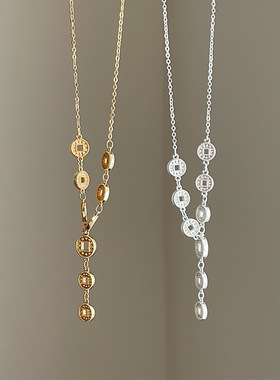 新中式招财纳福钱币流苏项链女古法轻奢时尚潮流百搭颈链锁骨链