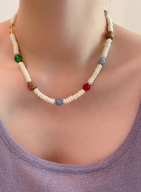 多巴胺彩色串珠拼接项链波西米亚度假风甜酷气质颈链个性锁骨链女