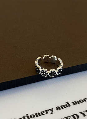 黑色花朵精致开口戒指滴油优雅