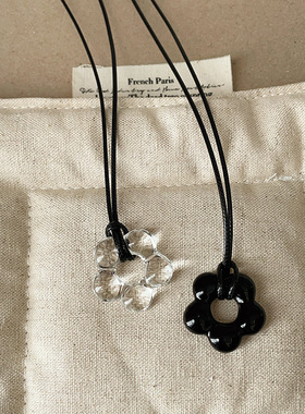 彩色琉璃花朵串珠黑绳项链女高级