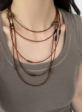 复古轻奢棕色水晶串珠长款项链女一款多戴个性时尚潮流颈链锁骨链