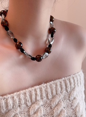 民族风不规则豹纹串珠项链女中式经典波西米亚时尚潮流高级锁骨链