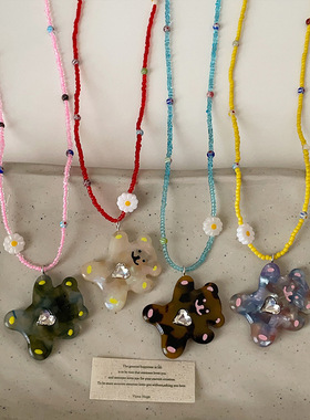 卡通小熊爱心多巴胺彩色串珠项链女萌趣可爱精致时尚颈链锁骨链