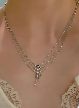 设计感满钻飘带蝴蝶结多层项链女轻奢时尚潮流精致百搭颈链锁骨链