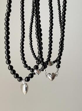 黑色珍珠串珠金属爱心项链设计感小众复古个性百搭颈链锁骨链