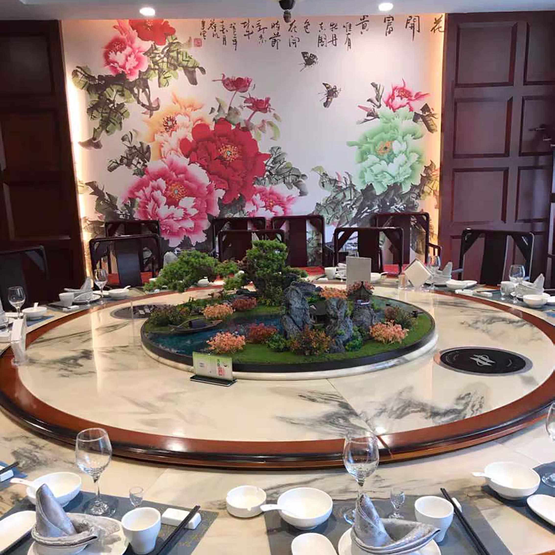 酒店大餐桌花艺大圆桌创意摆件转盘中间轻奢装饰仿真山水沙盘造景