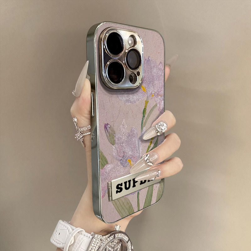 国风紫色鸢尾花适用苹果16手机壳iPhone15高级14plus创意13promax新款12男女11支架电镀小羊皮17全包8保护套,淘宝优惠券,粉丝福利购,淘宝优惠卷