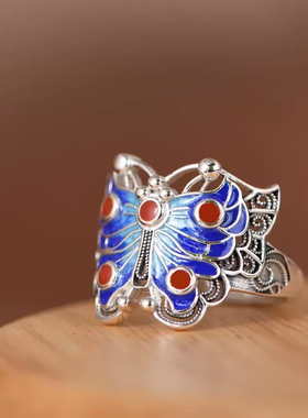 s925纯银复古蝴蝶戒指女小众设计新中式国风高级感指环老银匠手工