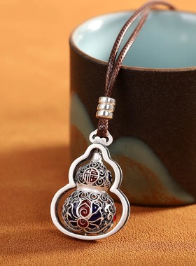 s999足银吉祥福禄男女款国风福字葫芦吊坠项绳生日礼物老银匠手工