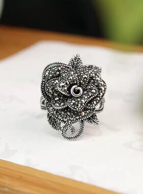 s925纯银玫瑰花戒指复古做旧民族风马克赛石花朵戒子老银匠手工