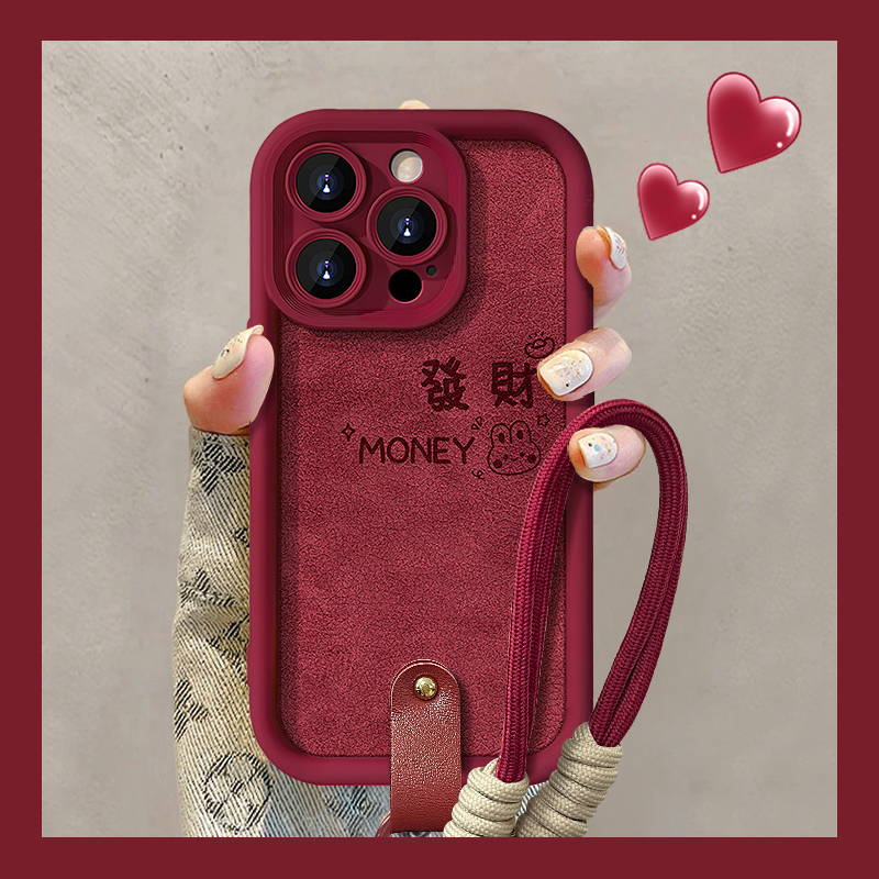 适用苹果16pro手机壳14promax红色2025新年女款iPhone15plus好运兔子13挂绳12mini高级感11pro小羊皮xs磨砂xr