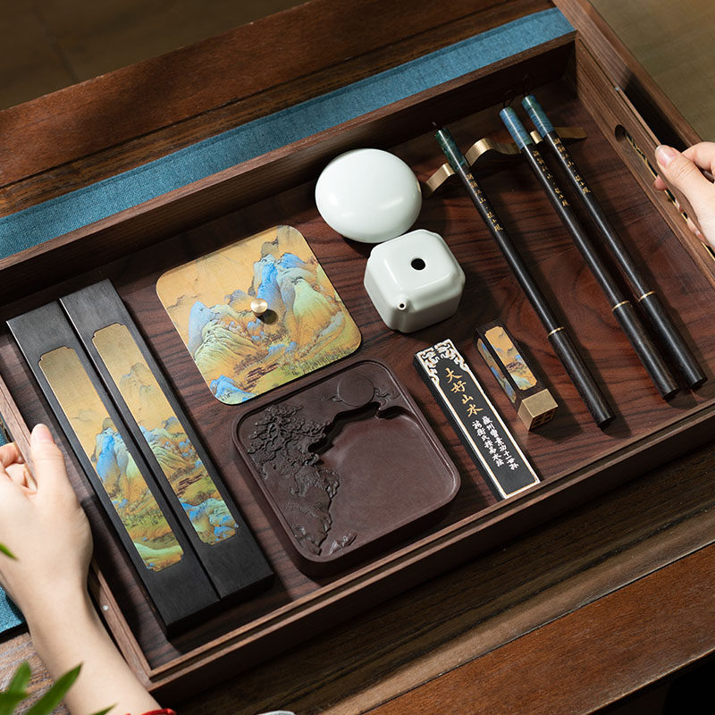 善琏湖笔湖颖江山套装墨碟练字墨条 善琏湖笔文房四宝