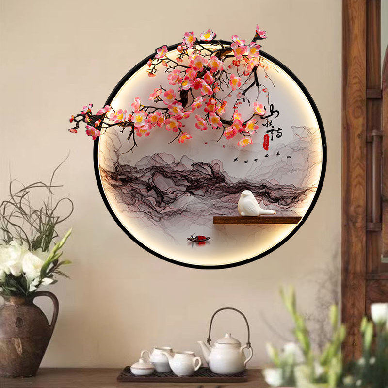 新中式圆形玄关装饰画带led亮灯发光壁画仿真梅客厅过道挂画葫芦,淘宝优惠券,粉丝福利购,淘宝优惠卷