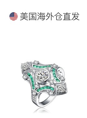 自营 GENEVIVE 纯银翡翠立方氧化锆几何鸡尾酒戒指 - 绿色 美国奥