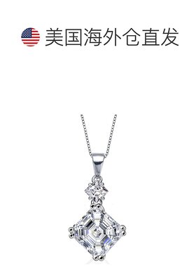 自营 genevive925 纯银白色立方氧化锆方形 Asscher-Cut 吊坠项链