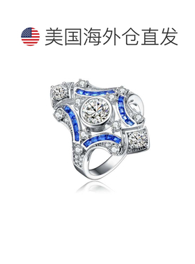 自营 GENEVIVE 纯银蓝宝石立方氧化锆几何鸡尾酒戒指 - 蓝色 美国