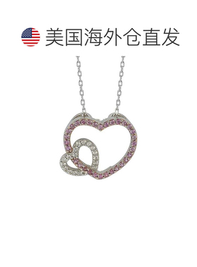 自营Suzy Levian 纯银粉色和白色蓝宝石和钻石口音双心形吊坠 -