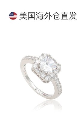 自营 Suzy Levian 纯银祖母绿切割方晶锆石光环订婚戒指 - 白色