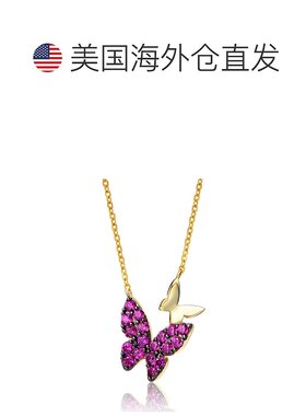 自营 geneviveGV 纯银 14k 黄金镀红宝石立方氧化锆双蝴蝶分层项