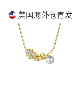 自营genevive14k 镀金纯银钻石方晶锆石和人造珍珠蕨叶项链 - 黄