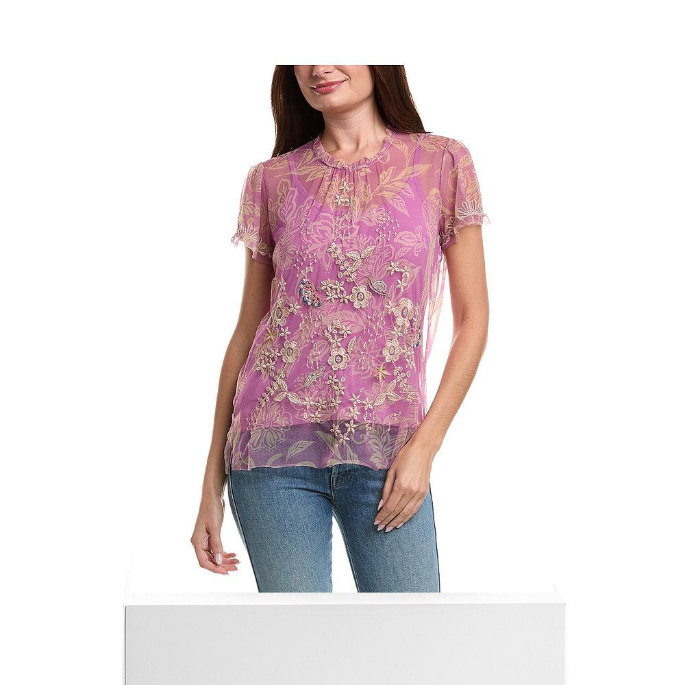 自营Johnny Was Mazzy Ruffle Neck Blouse - pink 美国奥莱直发 - 图3